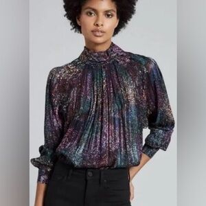 NWT Reiss Darcey-Metallic High Neck Pleated Blouse